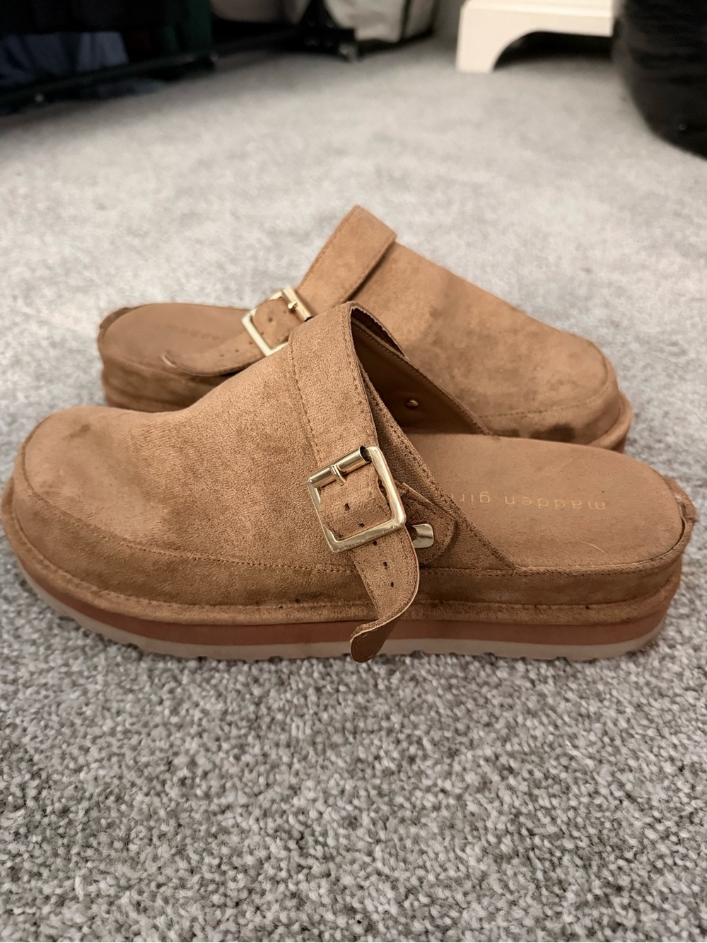 Madden Girl Suede Tan Slide Clogs with Gold Buckle